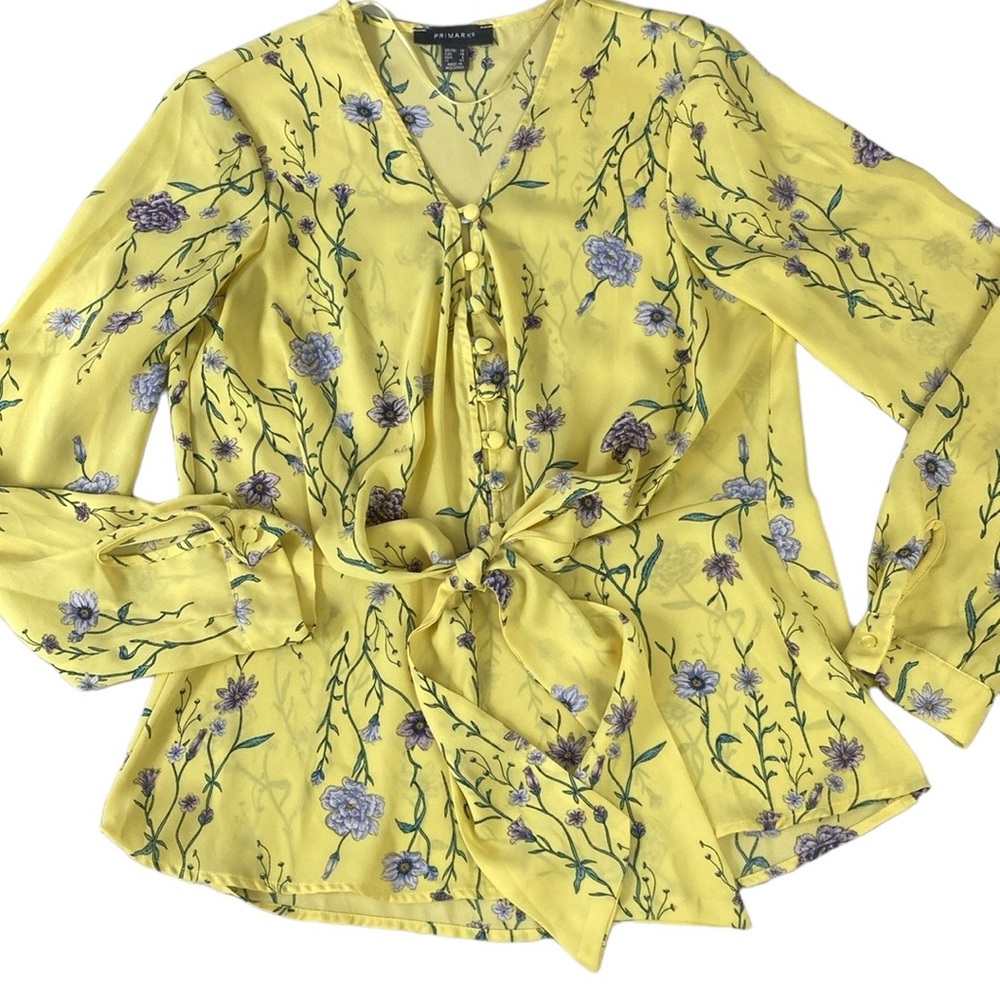 Primark Yellow Floral Silky Tie Front Blouse